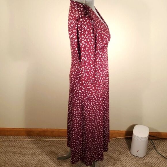 All In Favor Burgundy Floral Puff Sleeve Midi Dress Size M Medium - Picture 4 of 11